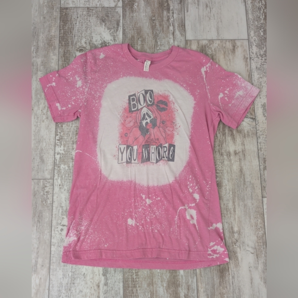 Bella Canvas Pink Bleach-Splash Graphic Tee with Skull Print